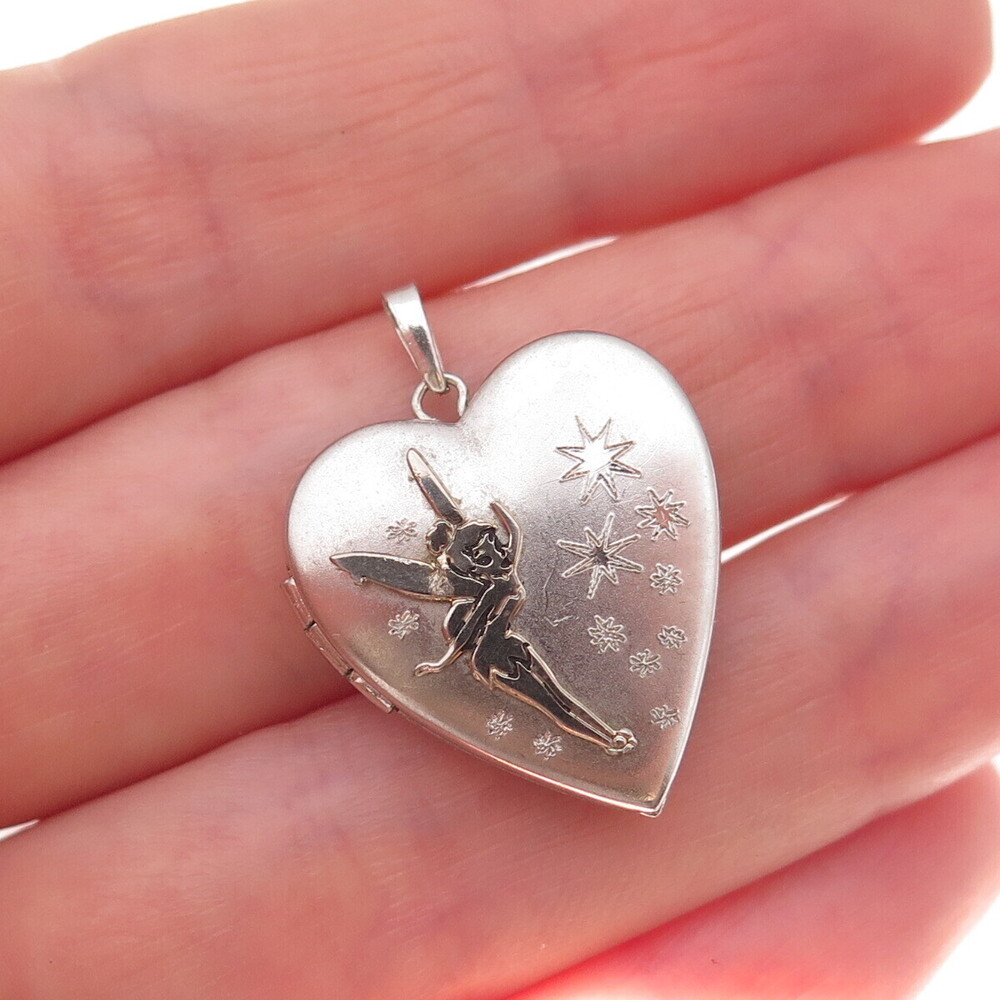 Disney 925 Sterling Silver Vintage Tinker Bell Heart Locket Charm Pendant